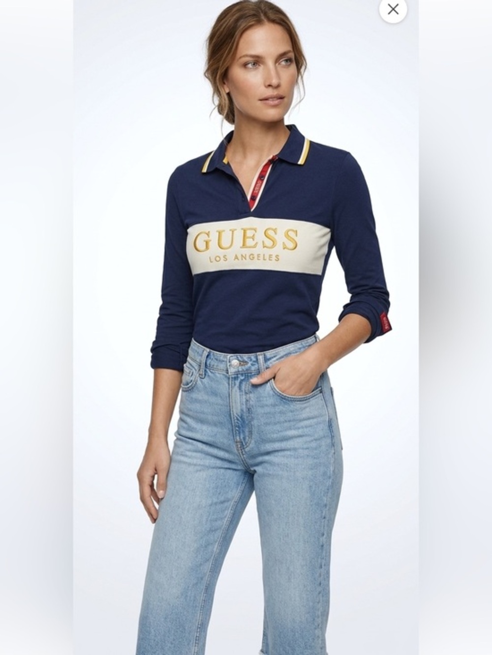 GUESS Navy Blue Long Sleeve Polo White & Yellow Stripe Size Small Cotton